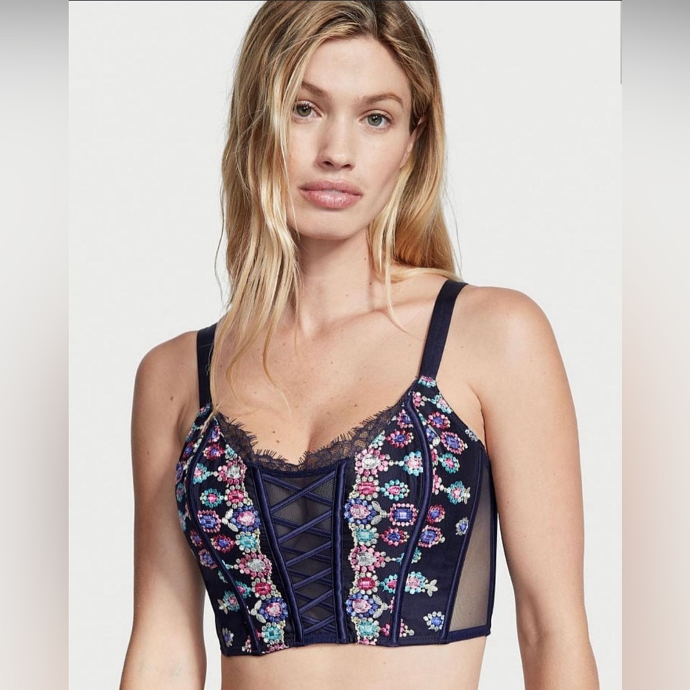 Victoria's Secret Corset Dream Angels Bejeweled Embroidered Boned Bra Top NWT L